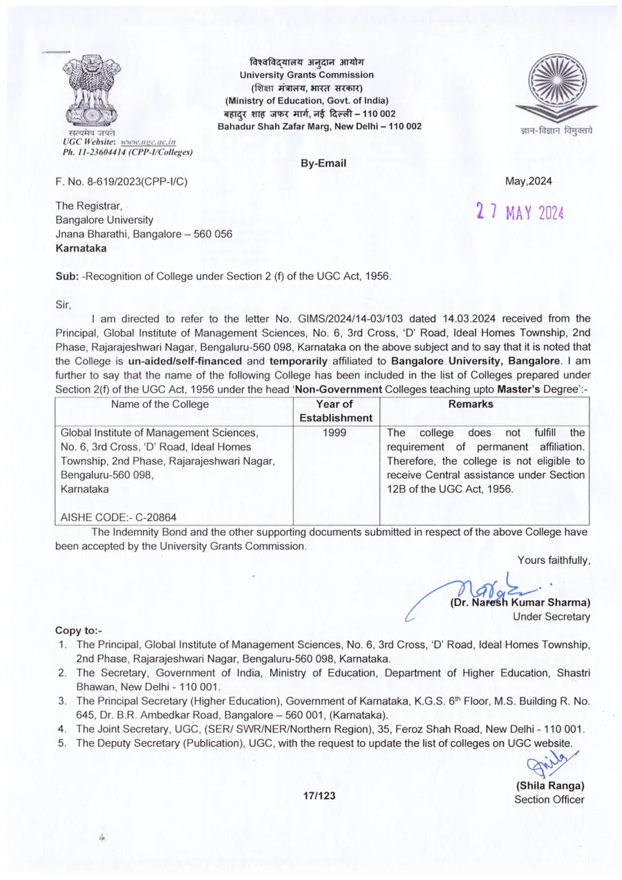 UGC Section 2(f) recognition letter for Global Institute of Management Sciences
