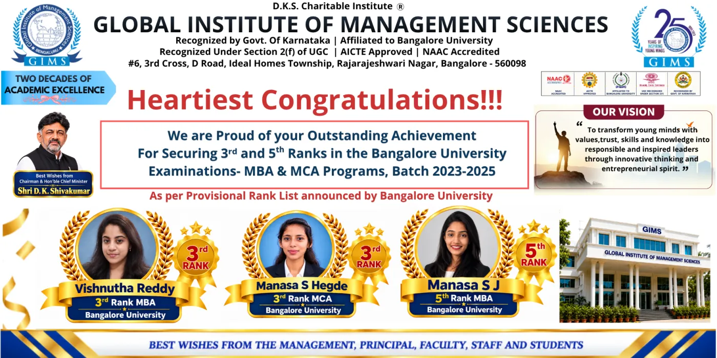 GIMS students securing 3rd and 5th ranks in Bangalore University MBA and MCA examinations